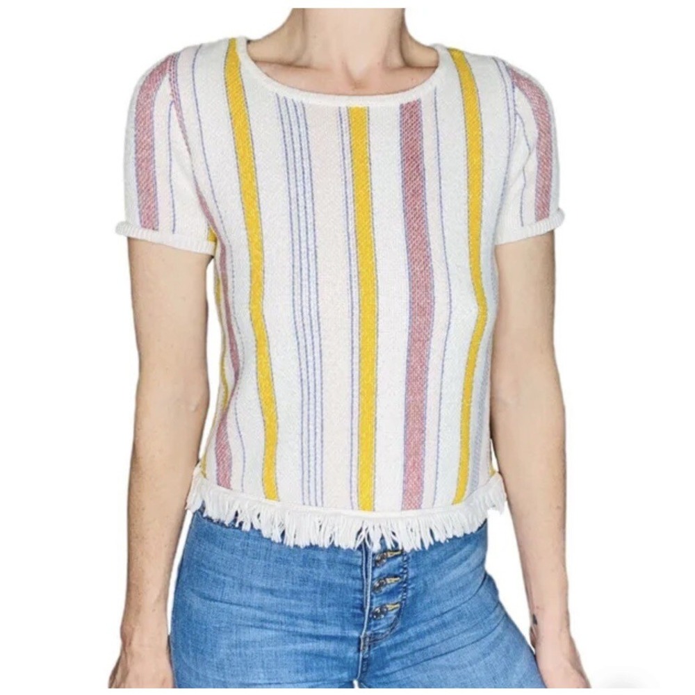 Striped Fringe Hem Knit Top Short Sleeve‎ Tee Yellow Pink Blue White